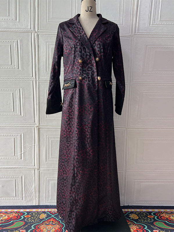 Langry British mid-length trench coat in dark purple leopard print with gold buttons