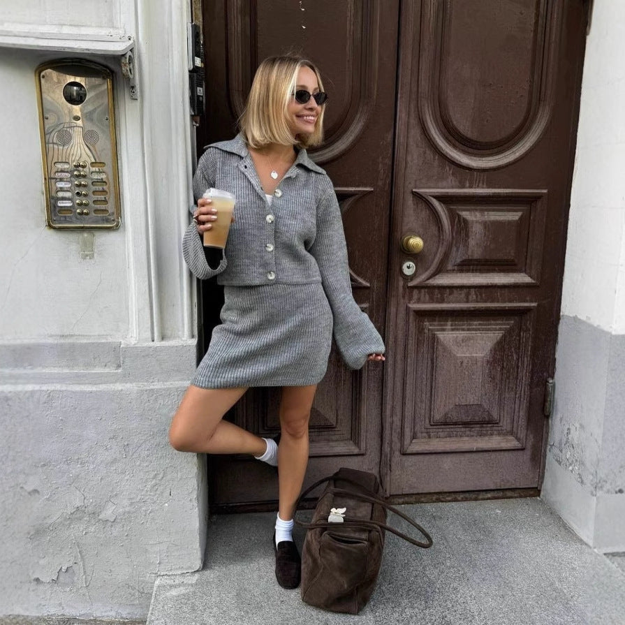 Woman in gray knit skirt suit from Cardigan Short Skirt Woolen Sets collection, stylish fashion wear