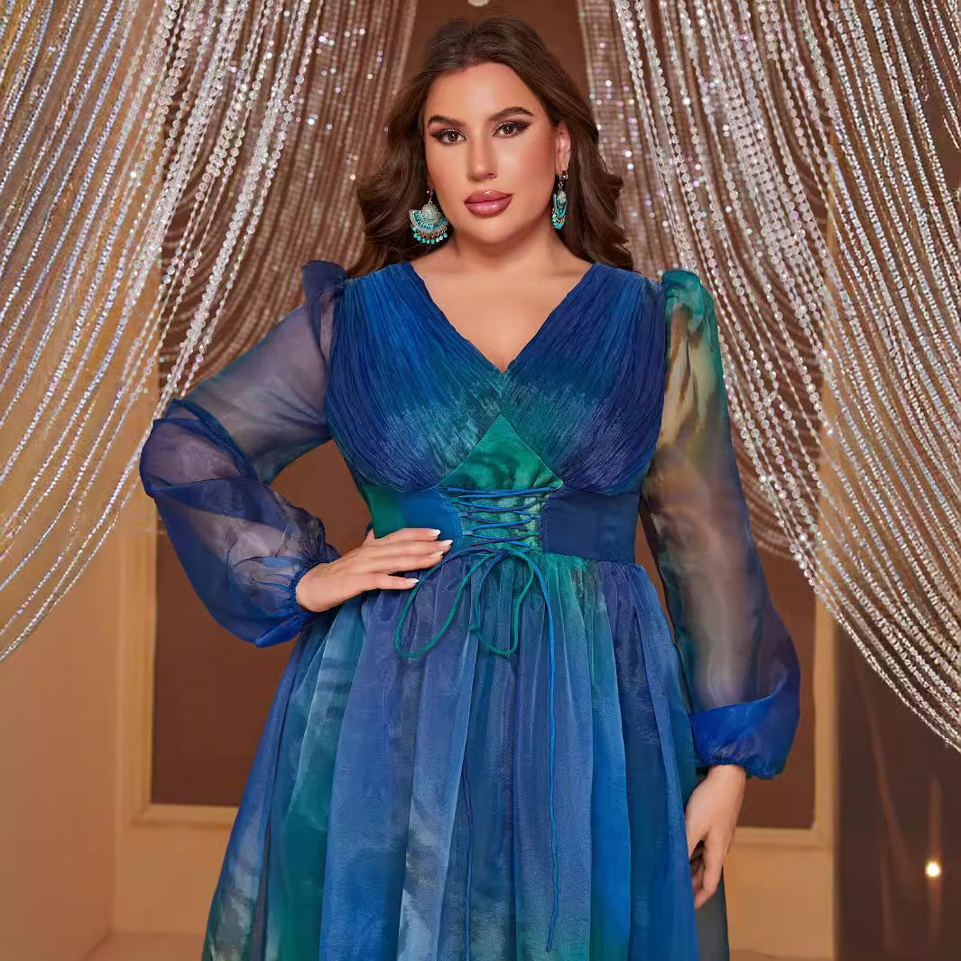 Elegant woman in Peacock Blue Tight Waist Split Dress showcasing fashionable ملابس and langry style