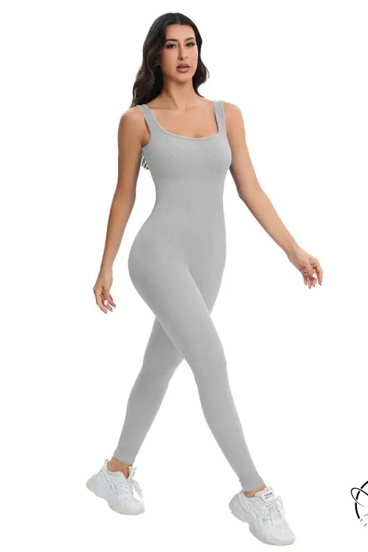 Sleek light gray ribbed langry fashion bodysuit in breathable seamless peach slim fit