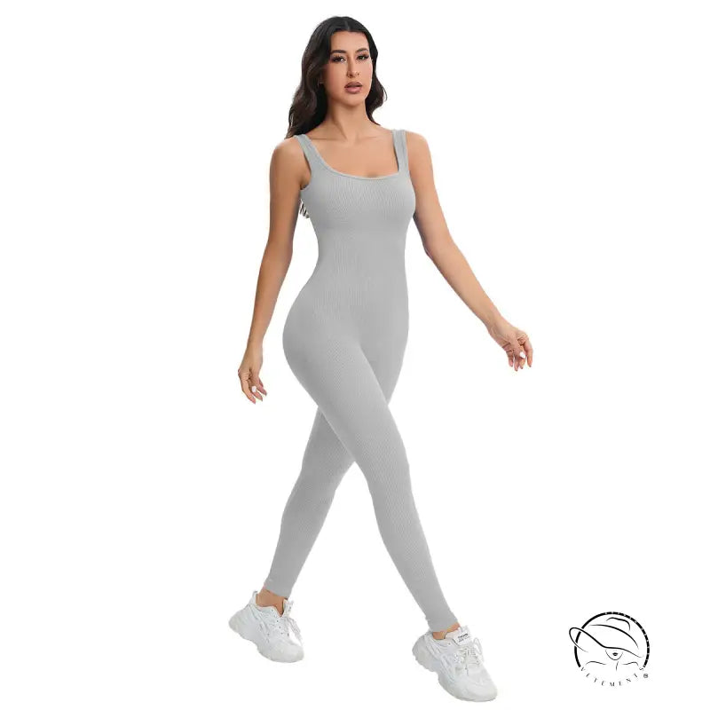 Sleek light gray ribbed langry fashion bodysuit in breathable seamless peach slim fit