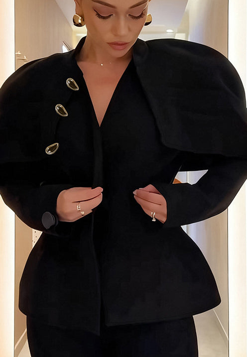 Langry fashion black peplum jacket with gold buttons and capelet
