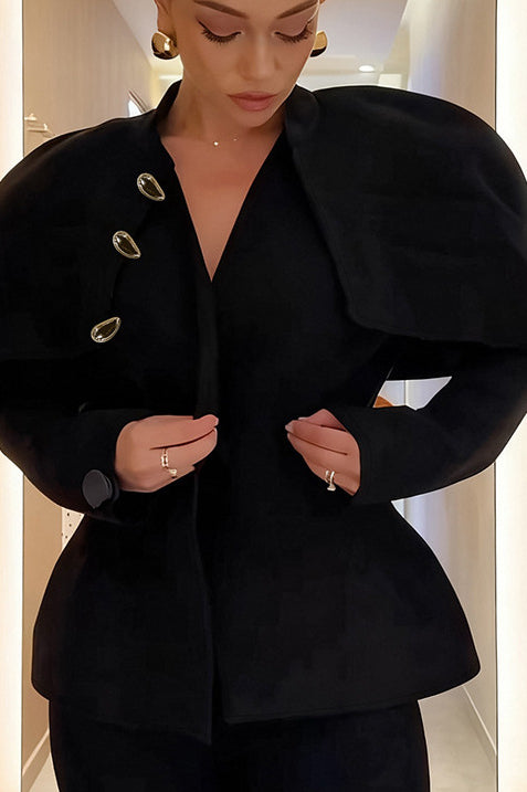 Langry fashion black peplum jacket with gold buttons and capelet