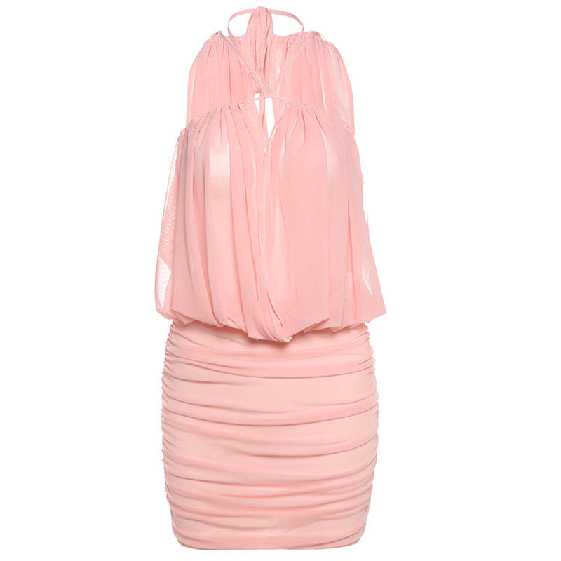 Pink halter-neck ruched dress from Stunning Vest Mesh Pleats Collection, perfect for fashion enthusiasts