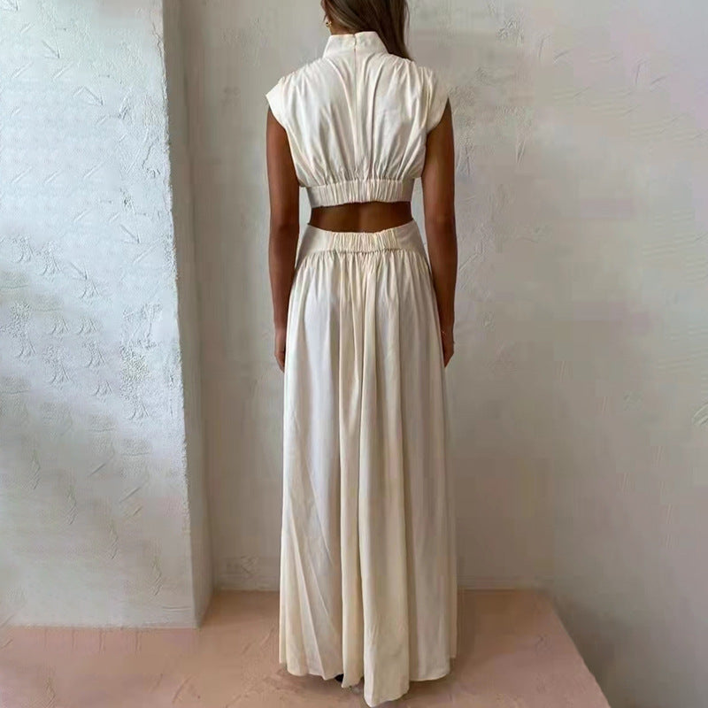 Cream-colored vacation dress with stand collar, sleeveless cropped slimming outfit