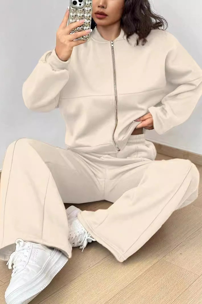 Beige zip-up tracksuit from Trendy Cardigan Two Piece Set, a stylish addition to any ملابس collection