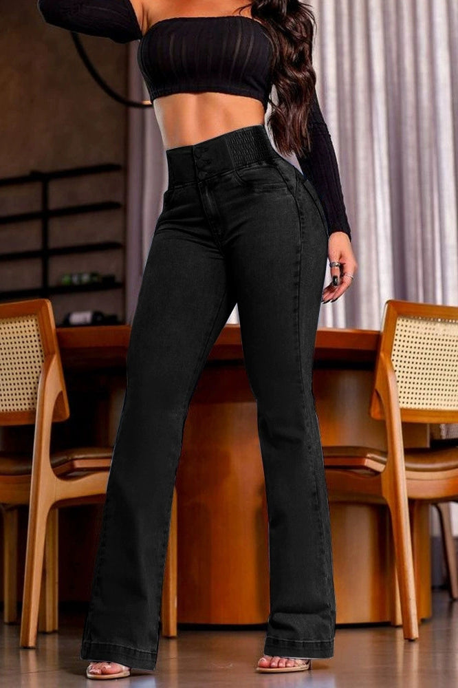 Black high-waisted flared jeans in Beautiful Stretch Hip Lifting Denim Trousers for stylish fashion