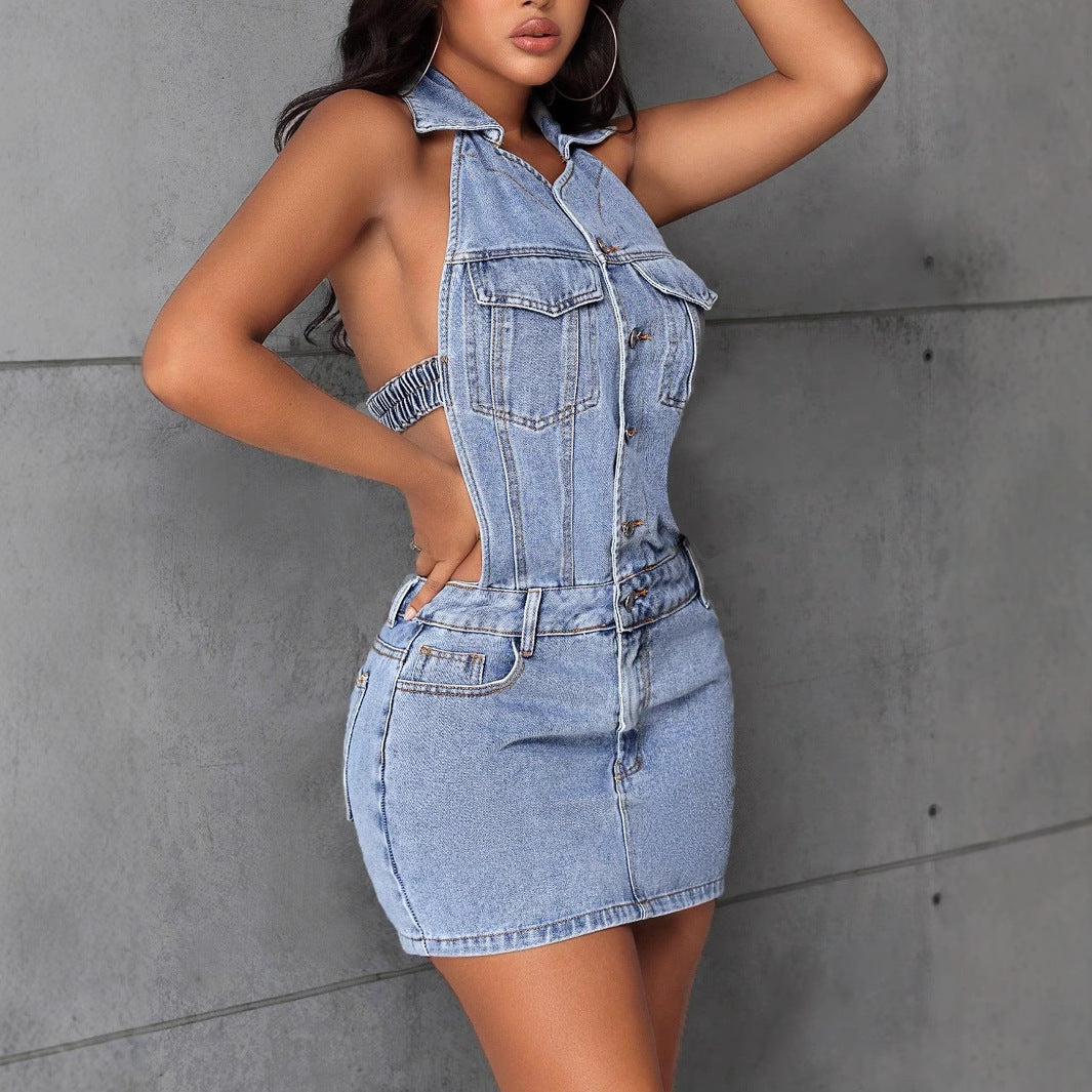 Halter Backless Denim Dress showcasing trendy langry fashion ملابس for stylish moments