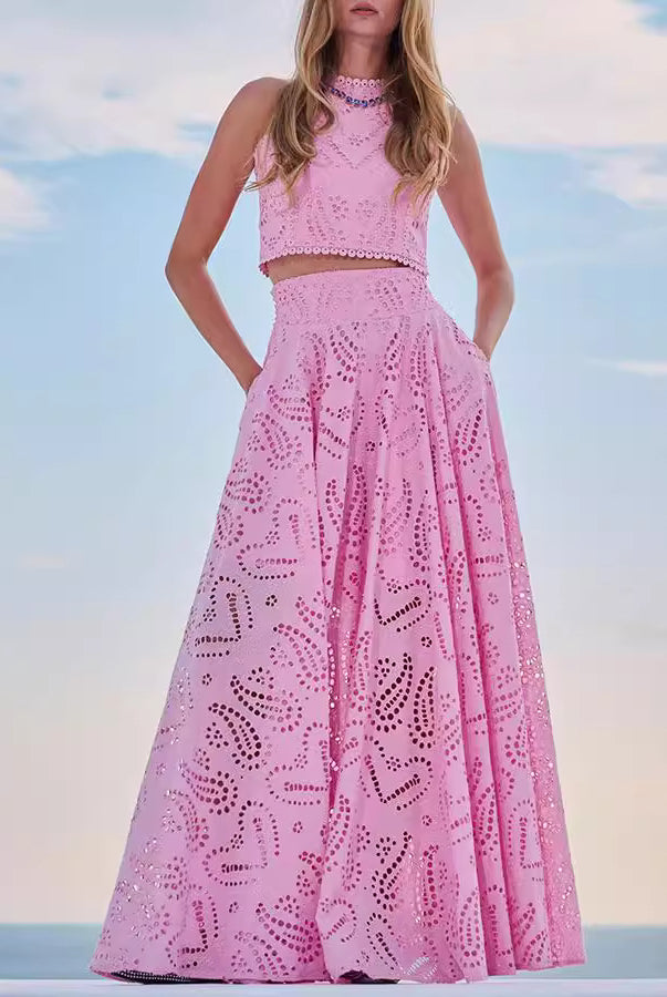 Pink eyelet crop top and maxi skirt set from Langry, perfect for casual vacation fashion ملابس