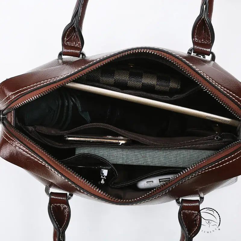 Elegant brown leather laptop bag with compartments, zippers, langry fashion