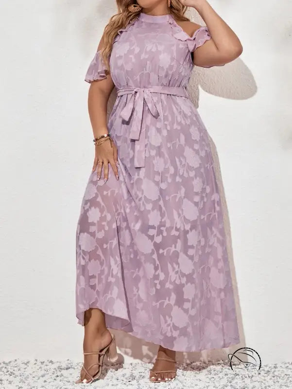 Light purple langry fashion maxi dress with halter neckline and tie belt