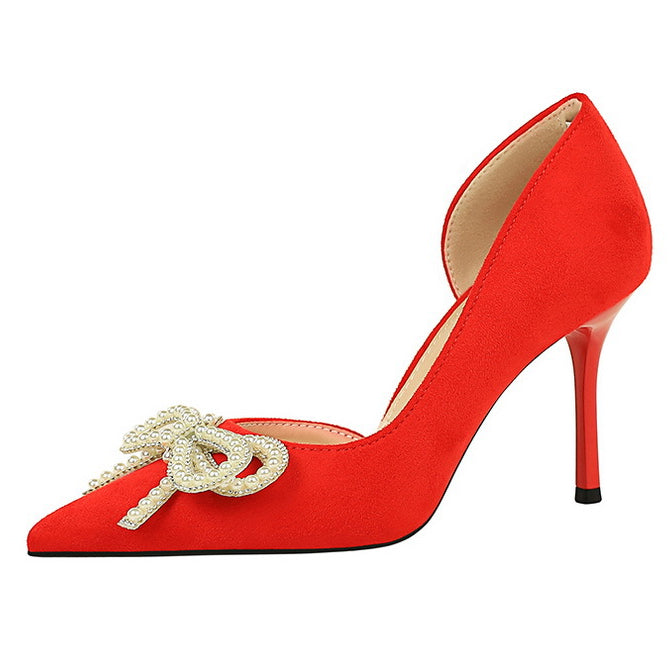 Cute Rhinestone Pearl Bow High Heels