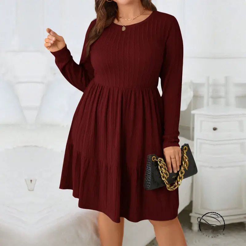 Elegant red midi dress: plus-size long-sleeve maroon with gathered waist