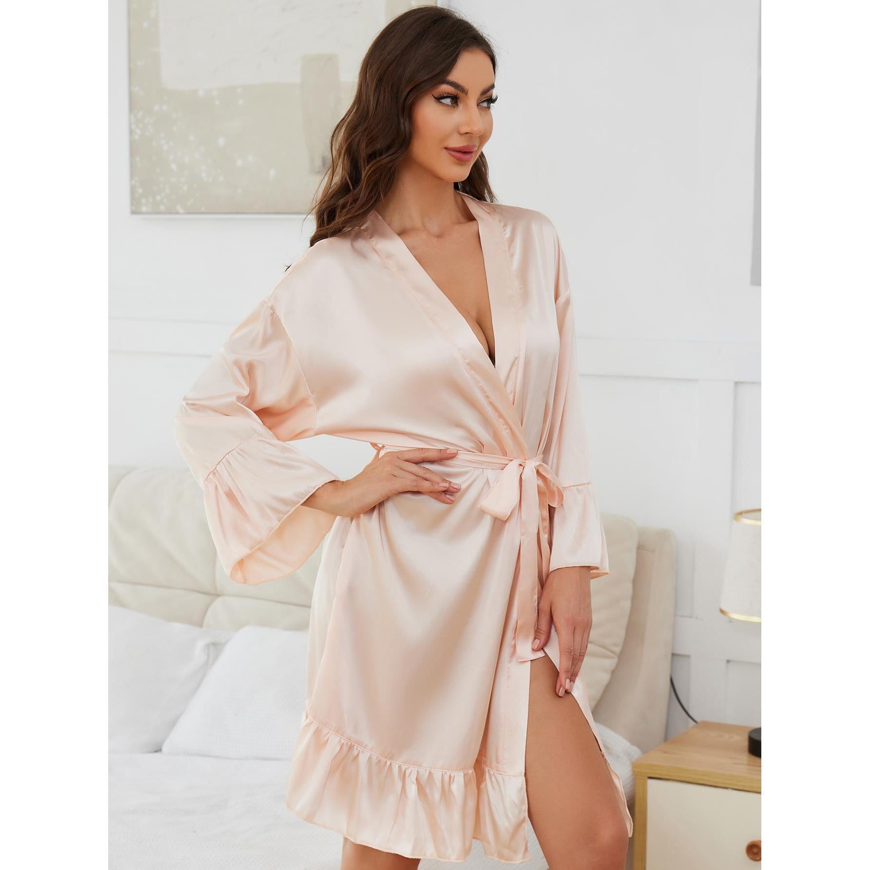 Light pink satin long sleeve ruffled robe with tie waist, fashionable nightdress
