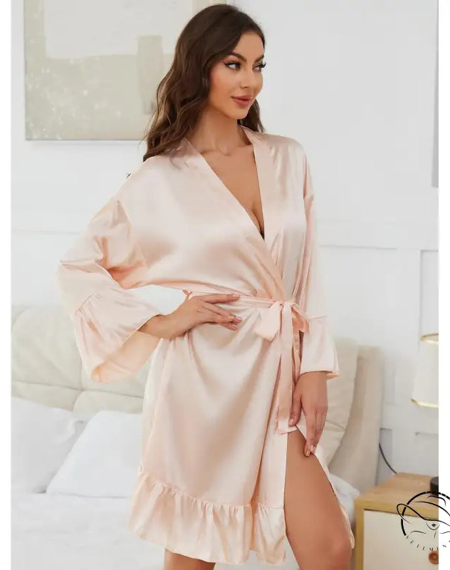 Light pink satin ruffled long sleeve robe with tie waist