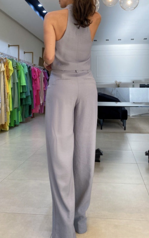 Elegant Gray Halter Top and Pants Set from Langry Fashion in ملابس style for office wear