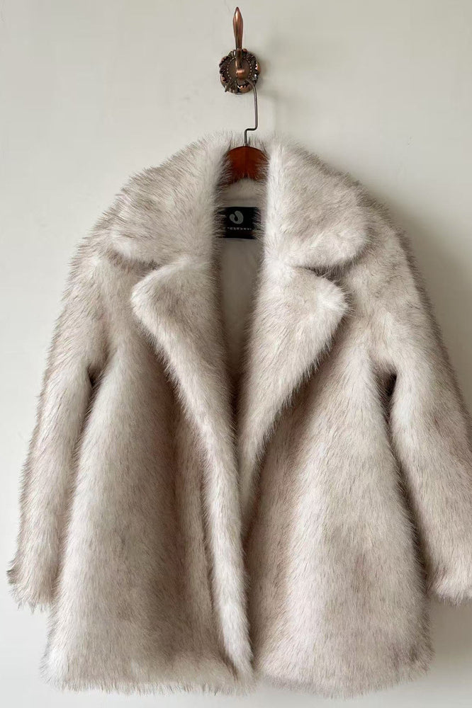 Warm collar mid-length faux fur jacket in cream with black label