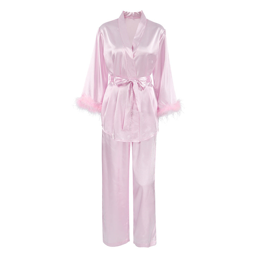 Pink satin pajama set with feather trim from Pink Cardigan Lace Up Feather Homewear, luxurious feather homewear