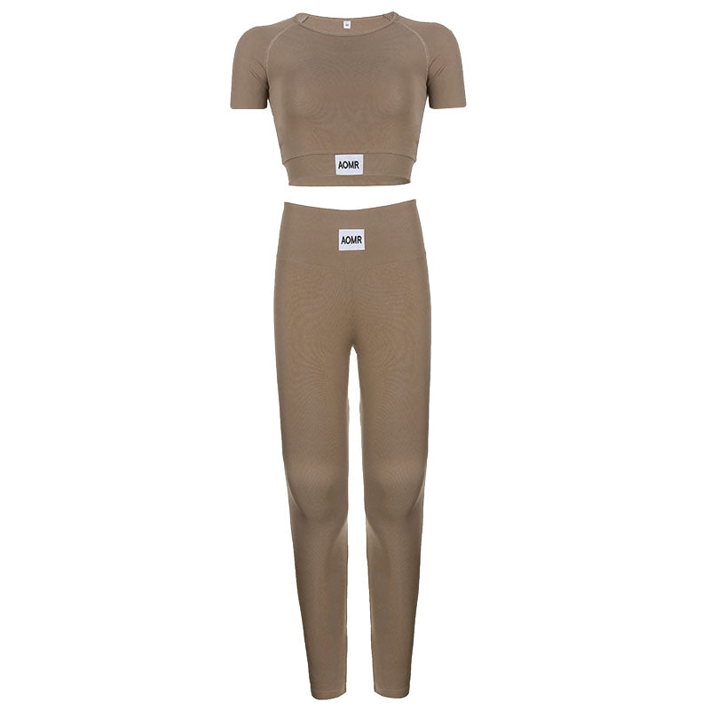 Matching tan crop top and leggings set from Tight Short Yoga Two Piece Set in trendy fashion