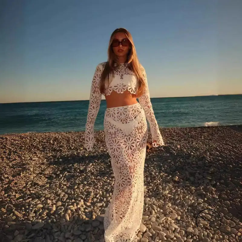 Woman in slim fit hollow lace tops skirt two-piece set