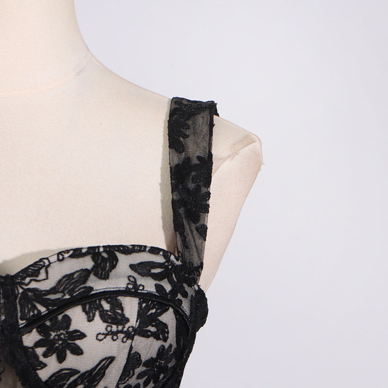 Black floral lace bodice in Summer Sling Boning Corset Waist-Tight Maxi Dress fashion ملابس