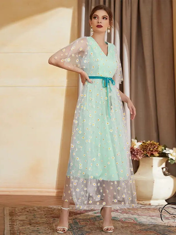 Enchanting high waist A-line fairy dress in mint green floral with teal belt