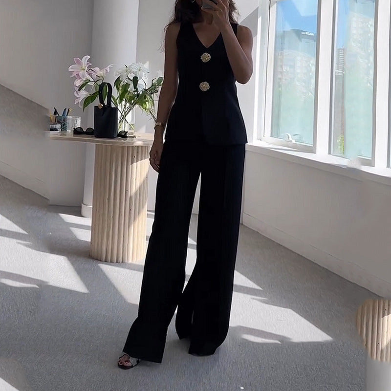 Black sleeveless pantsuit from Autumn Casual Women Clothing Button Vest Slit Pants Two Piece Set, stylish langry fashion ملابس