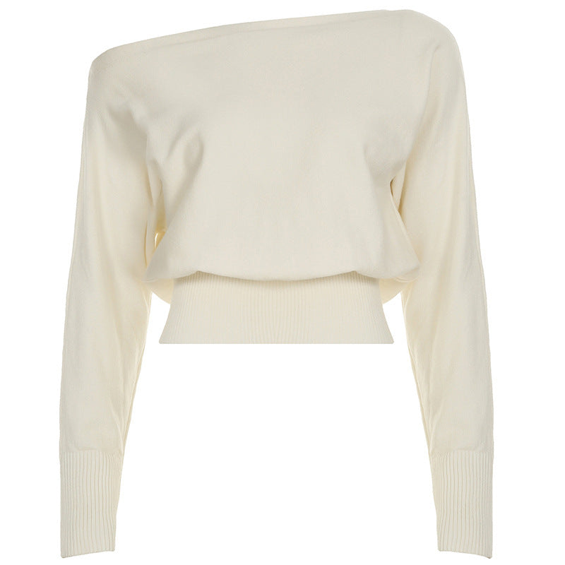 Cream off-shoulder langry fashion knit sweater with ribbed detailing
