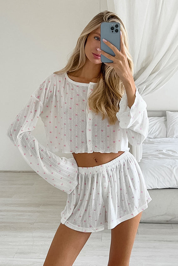 White knitted pajamas three-piece set with delicate pink floral print for comfortable sleep