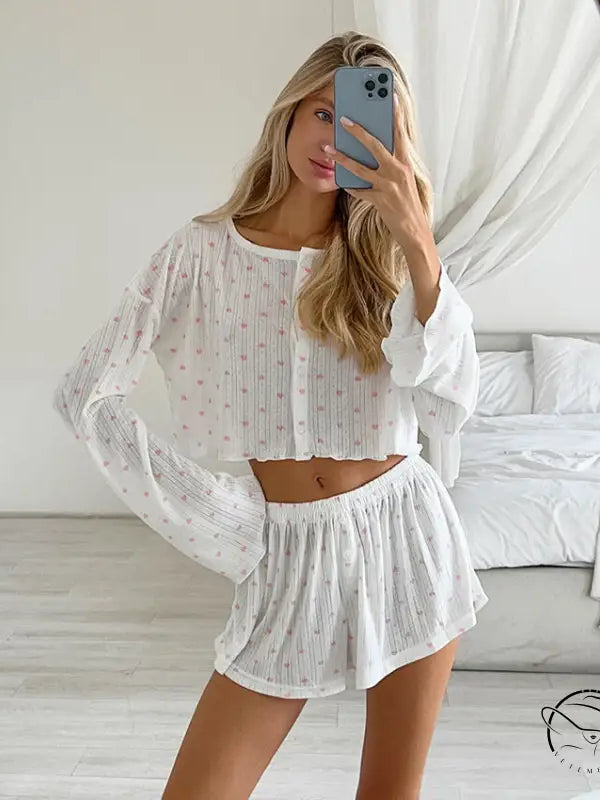 White knitted pajamas three piece set with pink floral print
