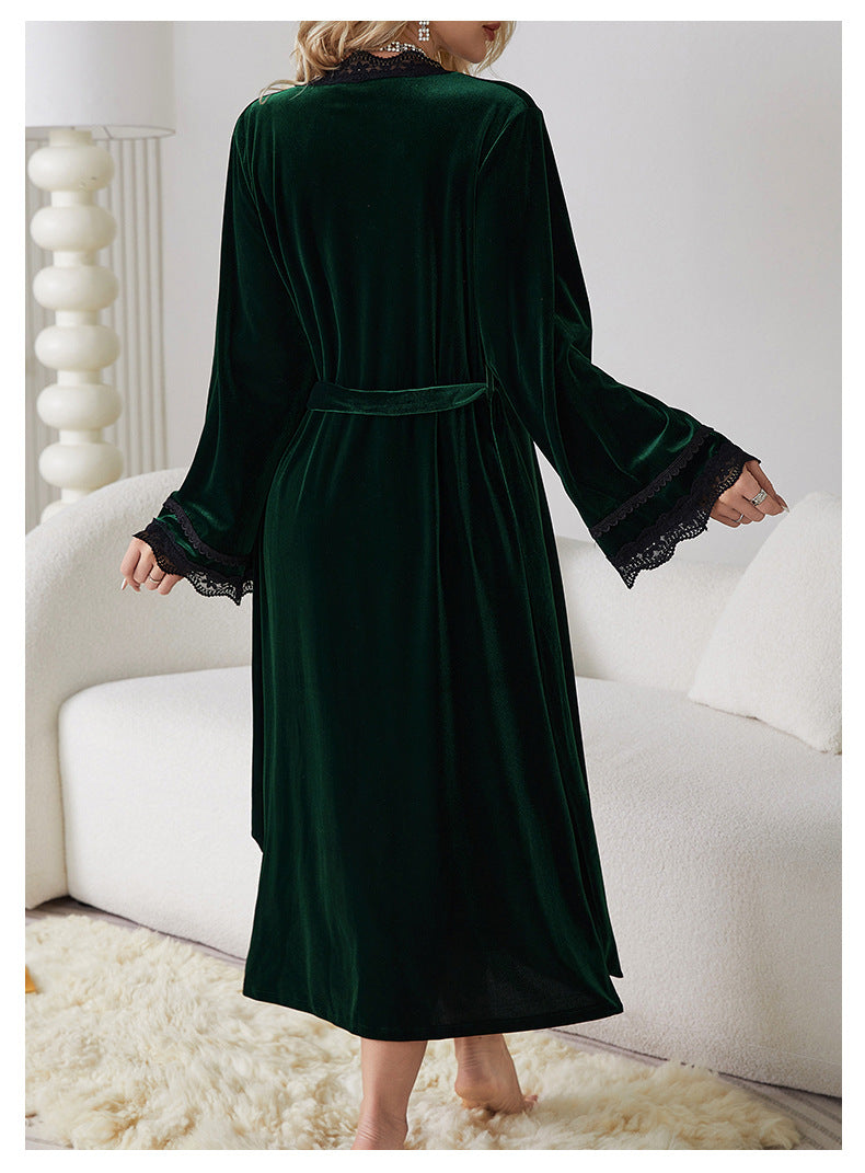 Emerald green velvet langry nightdress with black lace trim