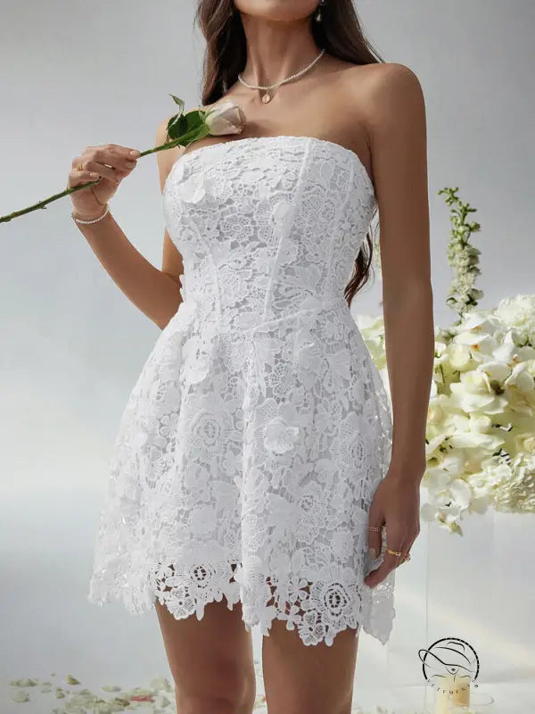 White lace strapless beautiful short dress evening gown