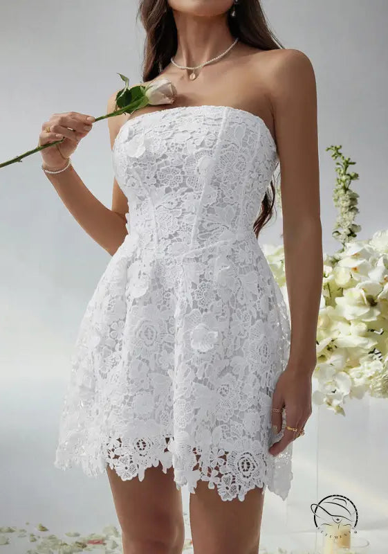 White lace strapless beautiful short dress evening gown