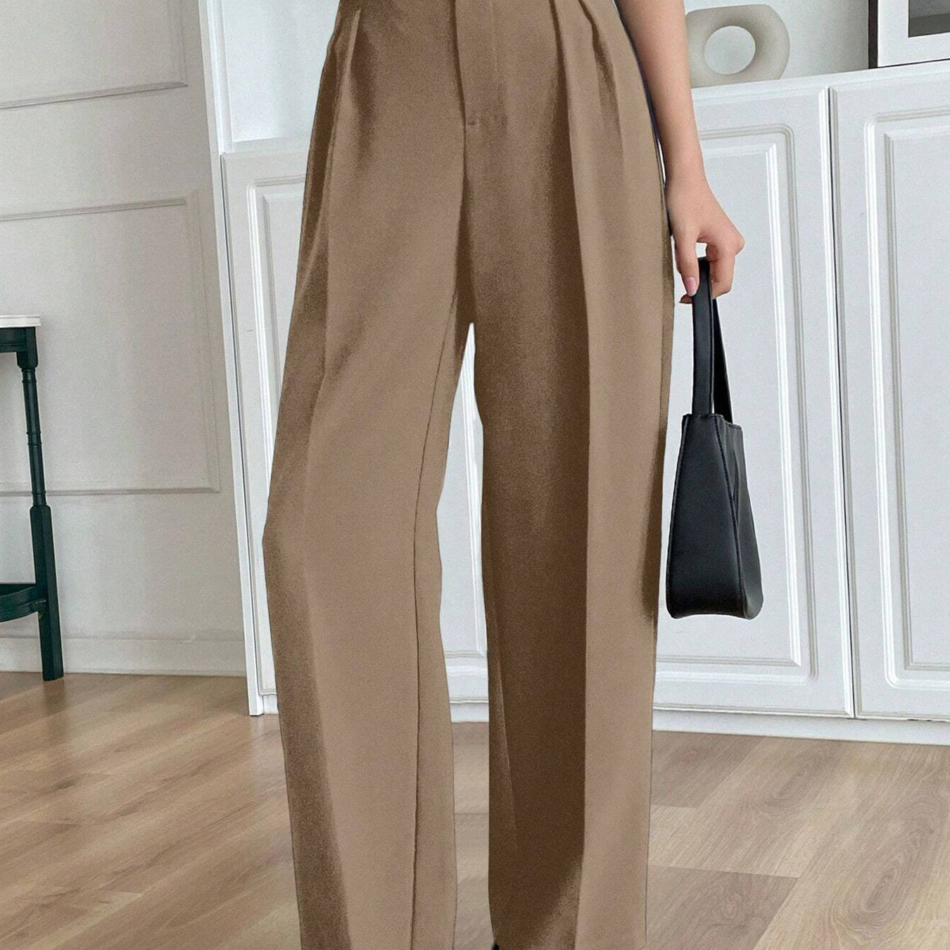 Beige high-waisted Langry fashion trousers with pleats and buttons