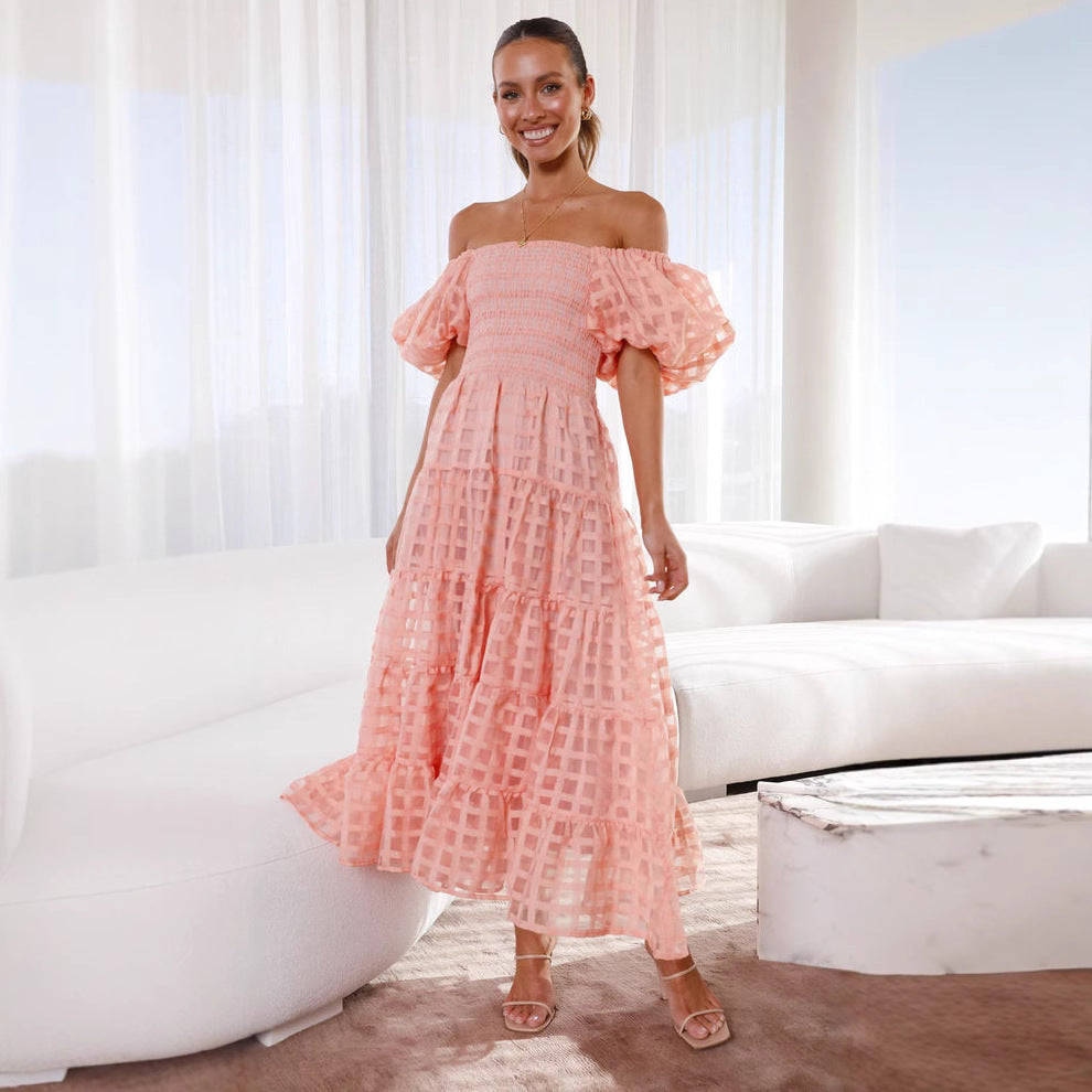 Off-the-shoulder pink checkered dress from Enchanting Lantern Sleeve Dress collection in fashion ملابس