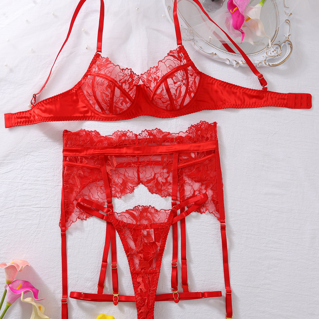 Red lace embroidery lingerie set with steel ring push-up, sheer cutouts