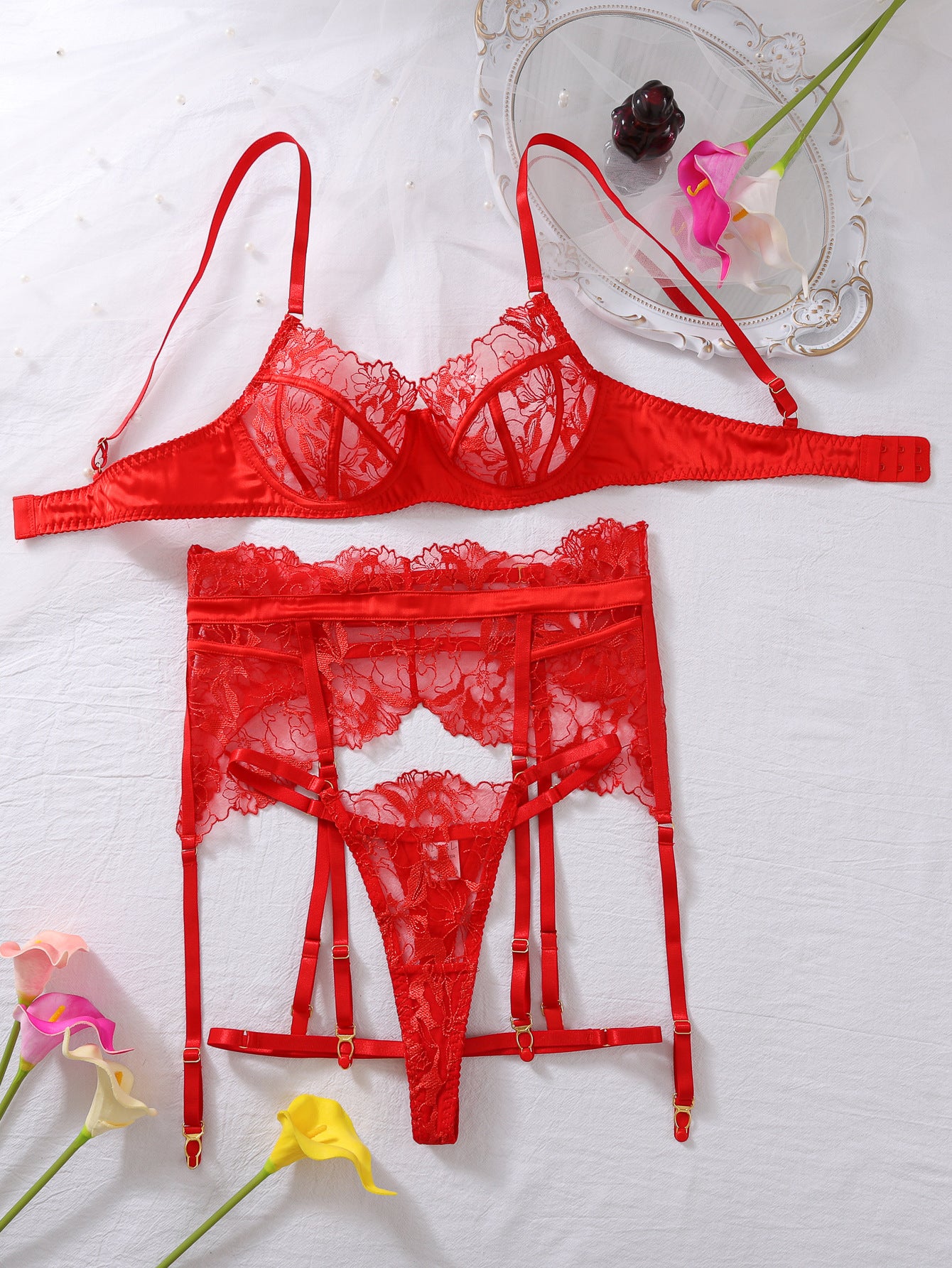 Red lace embroidery lingerie set with steel ring push-up, sheer cutouts
