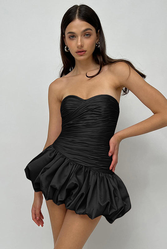 Black strapless mini dress with ruched bodice, perfect for summer fashion ملابس
