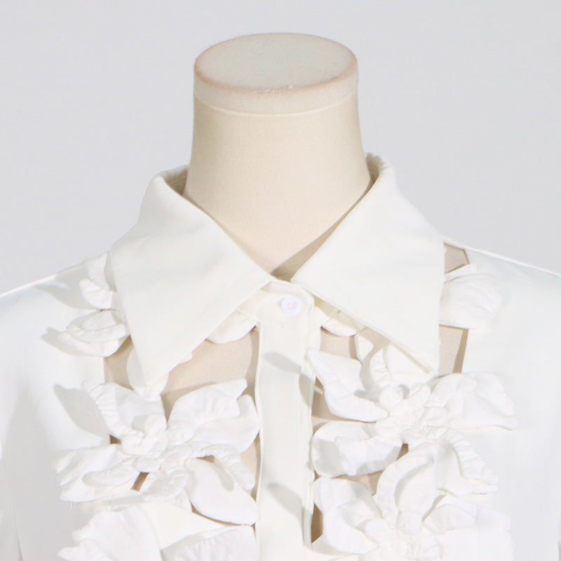 White collared shirt with floral embellishments from French Tea Break Dress Summer Polo Collar collection