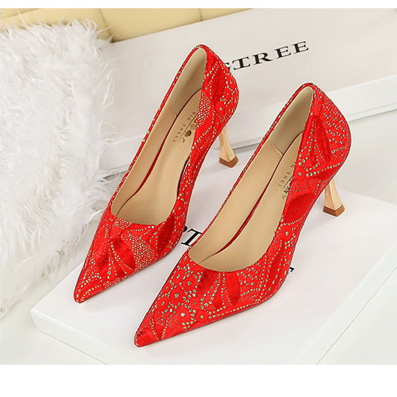 Red glitter Langry fashion high heel shoes with pointed toes