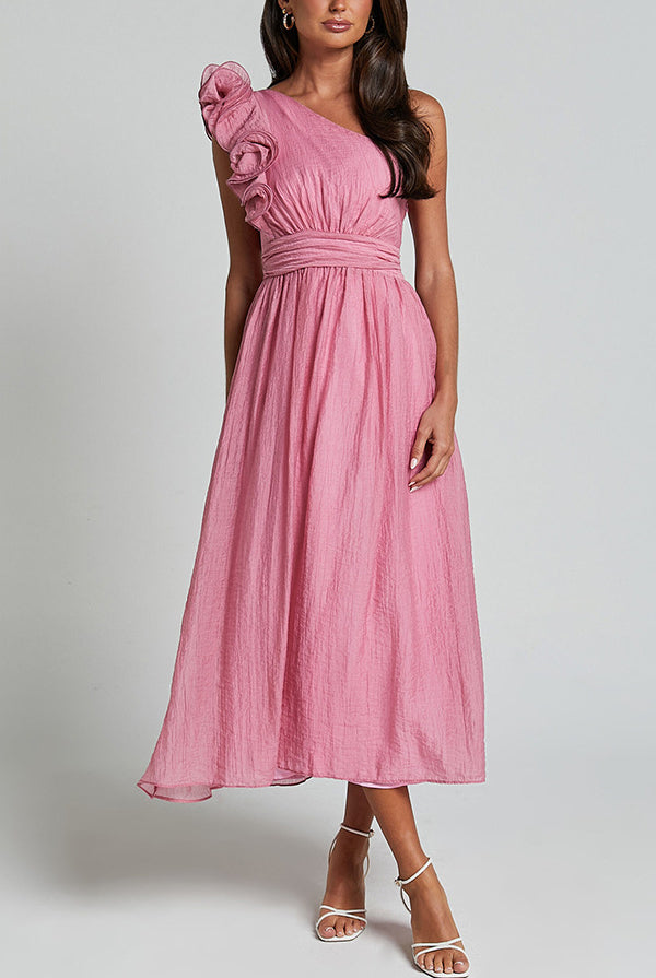 Pink one-shoulder midi dress with ruffle and gathered waist for elegant fashion ملابس