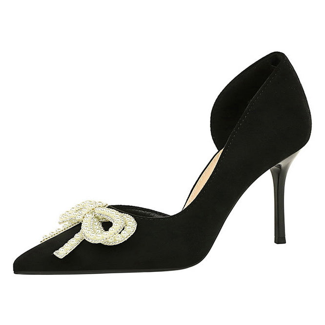 Cute Rhinestone Pearl Bow High Heels