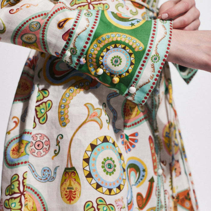 Elegant Socialite Collared Tied Waist Positioning Printing Linen Vacation Long Sleeve Dress Women