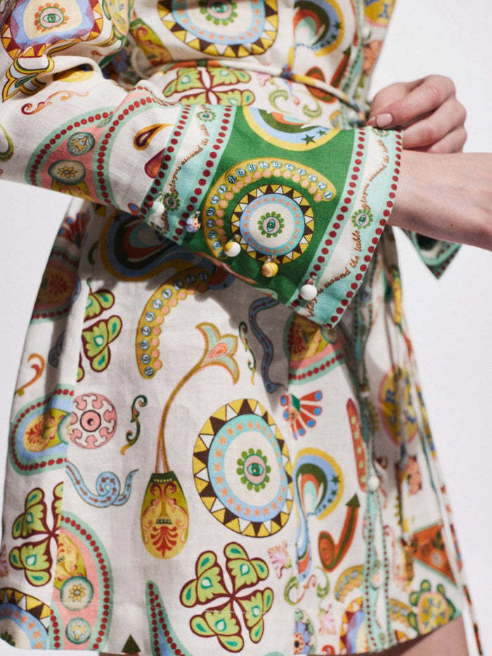 Elegant Socialite Collared Tied Waist Positioning Printing Linen Vacation Long Sleeve Dress Women