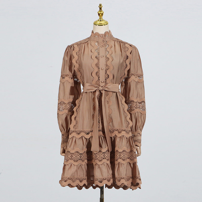 Beige lace-trimmed Elegant French Vintage Dress with long sleeves and tie waist