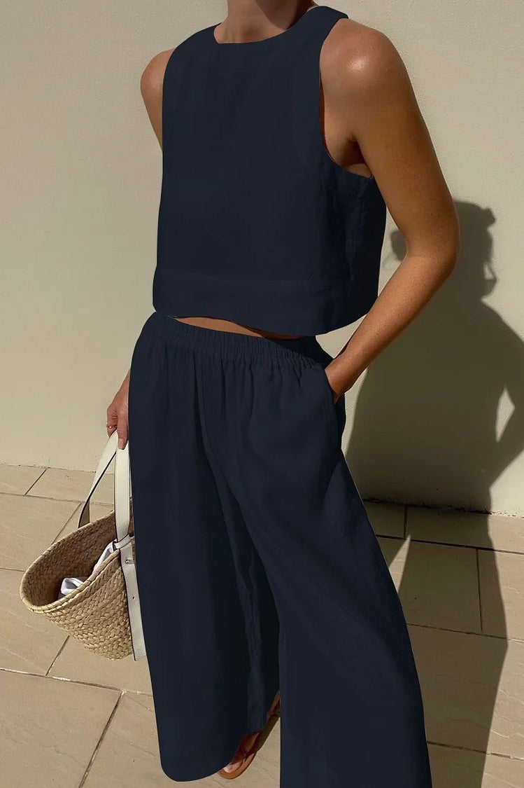Navy two-piece linen set from Casual Loose Sleeveless Shirt Two Piece Sets, stylish ملابس