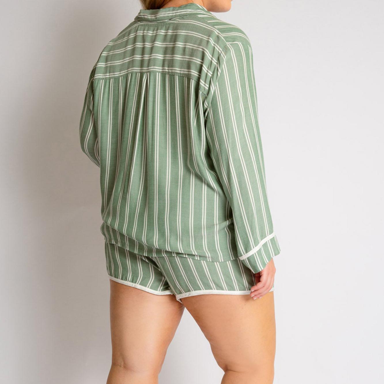 Green striped Langry fashion pajama set with white trim for ladies homewear