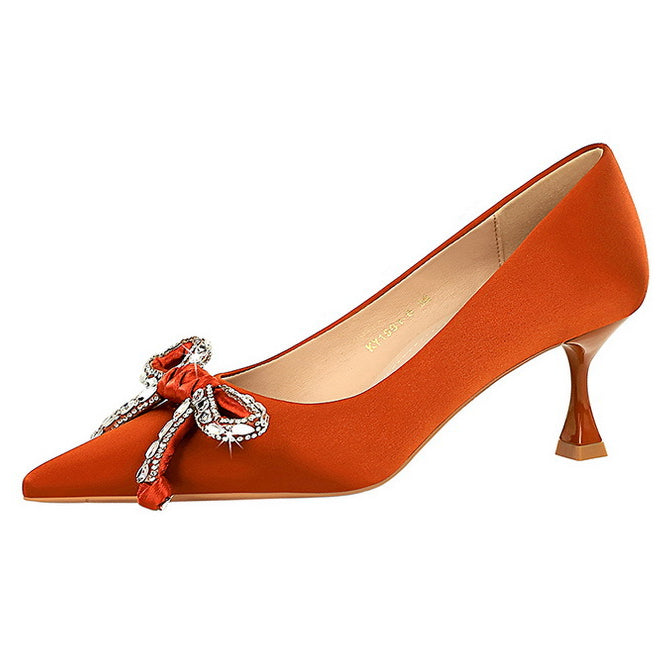 Langry fashion orange satin stiletto heel with rhinestone bow