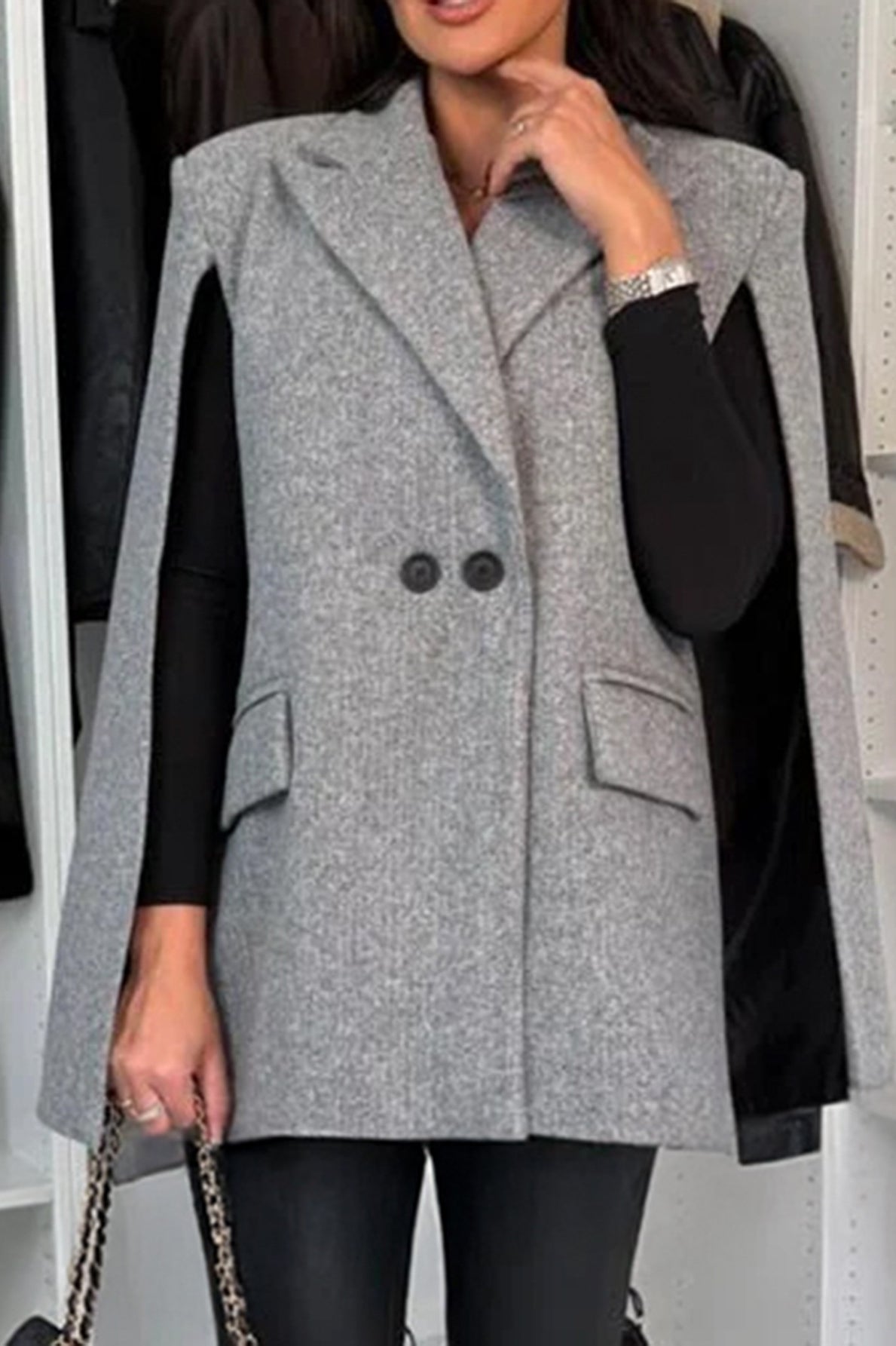 Elegant Langry fashion wool cape vest in gray with black lining