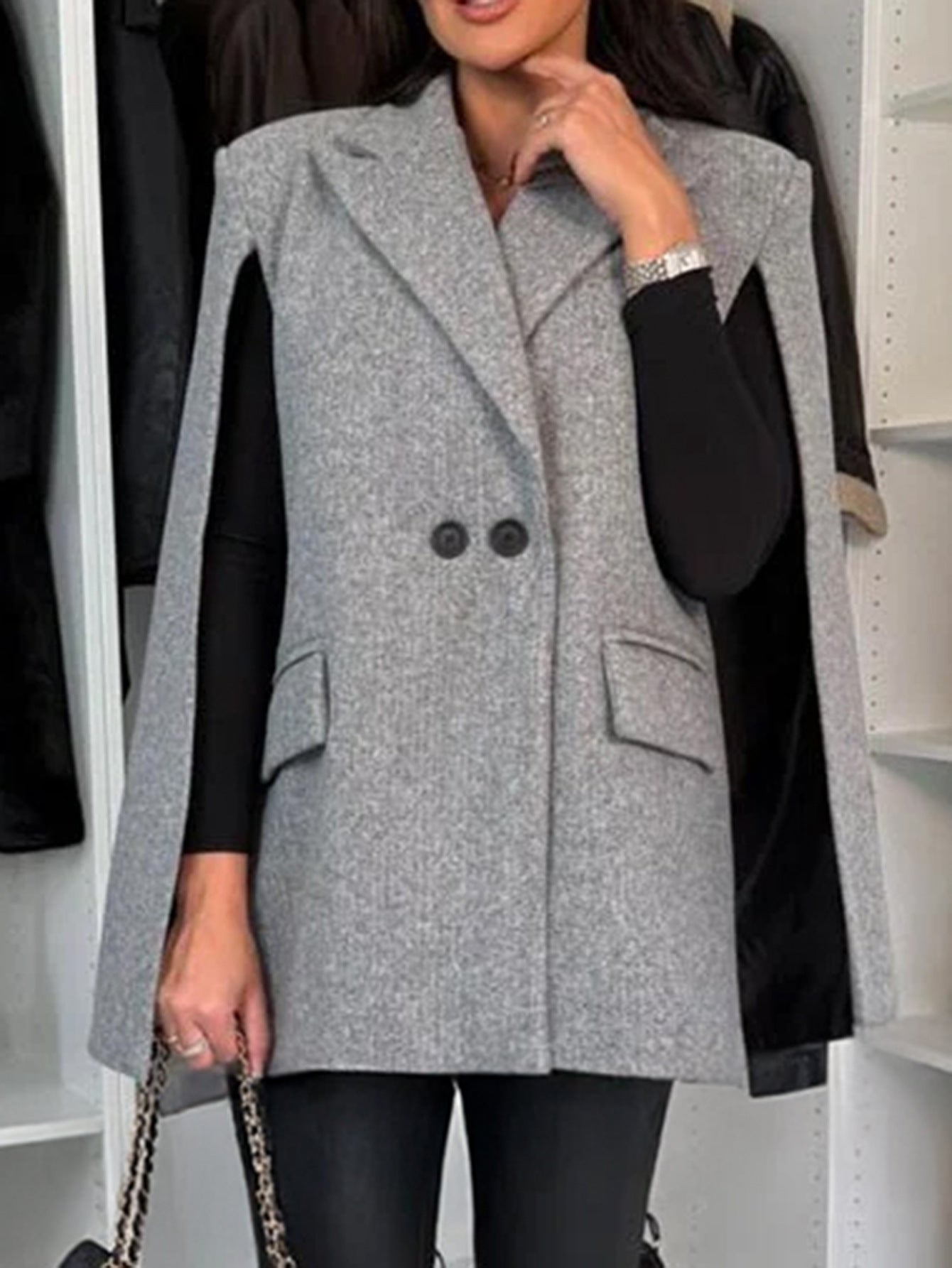 Elegant Langry fashion wool cape vest in gray with black lining